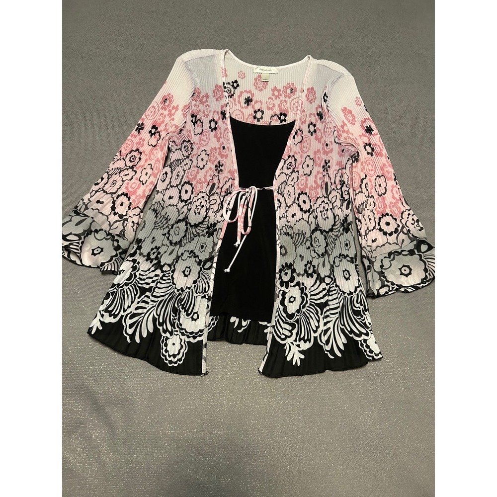 Dressbarn Womens Floral Pleated Cardigan Top Pink Black 2-Piece Look Size L